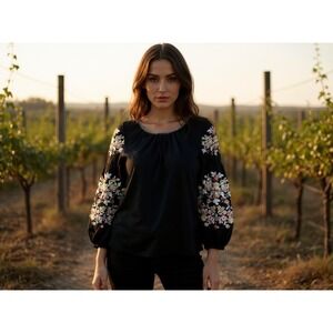 Andrea by Andrea Embroidered Black Balloon Sleeve Blouse Women's Small  boho